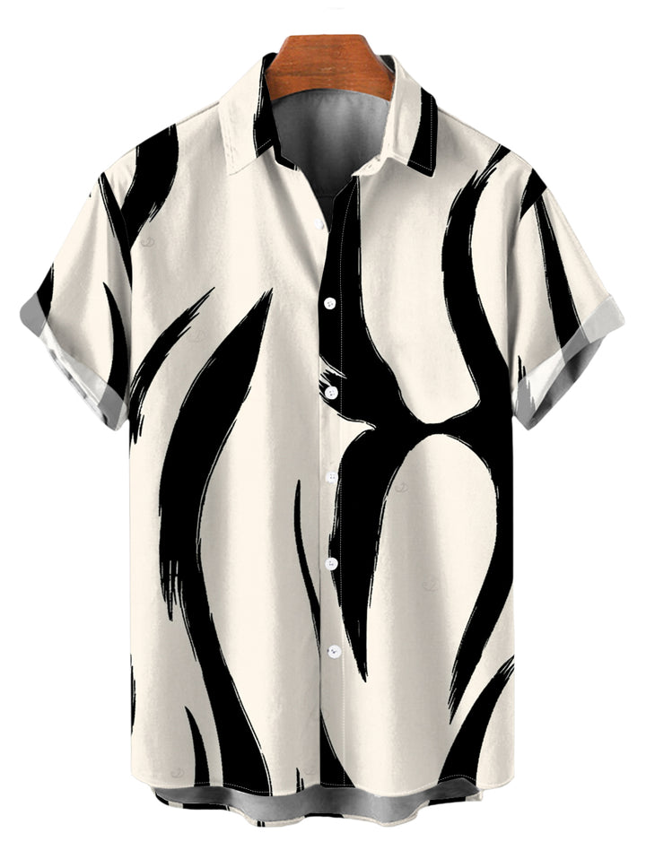 Men's Contrast Color Ink Wash Irregular Brush Stroke Print Button Up Vacation Shirt