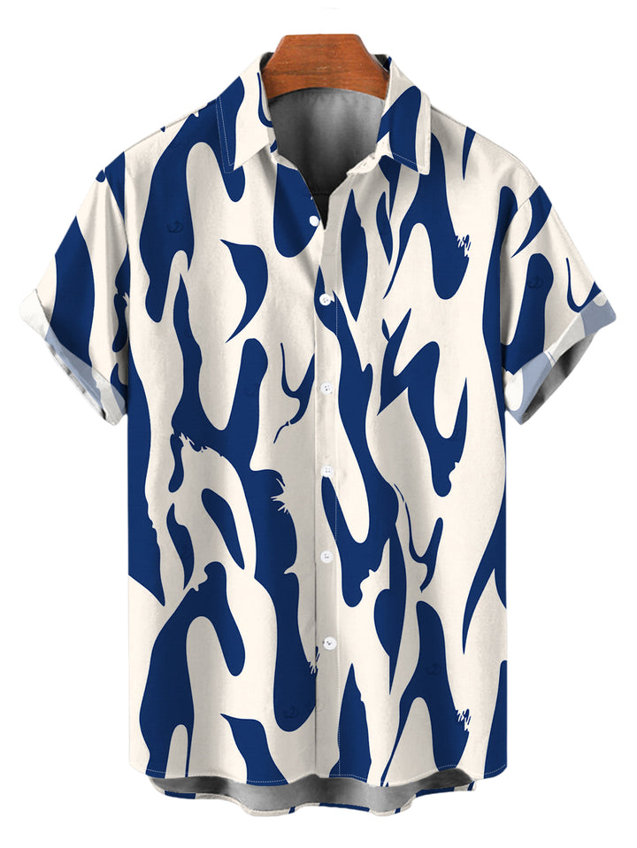 Men's Contrast Color Ink Wash Irregular Brush Stroke Print Button Up Vacation Shirt