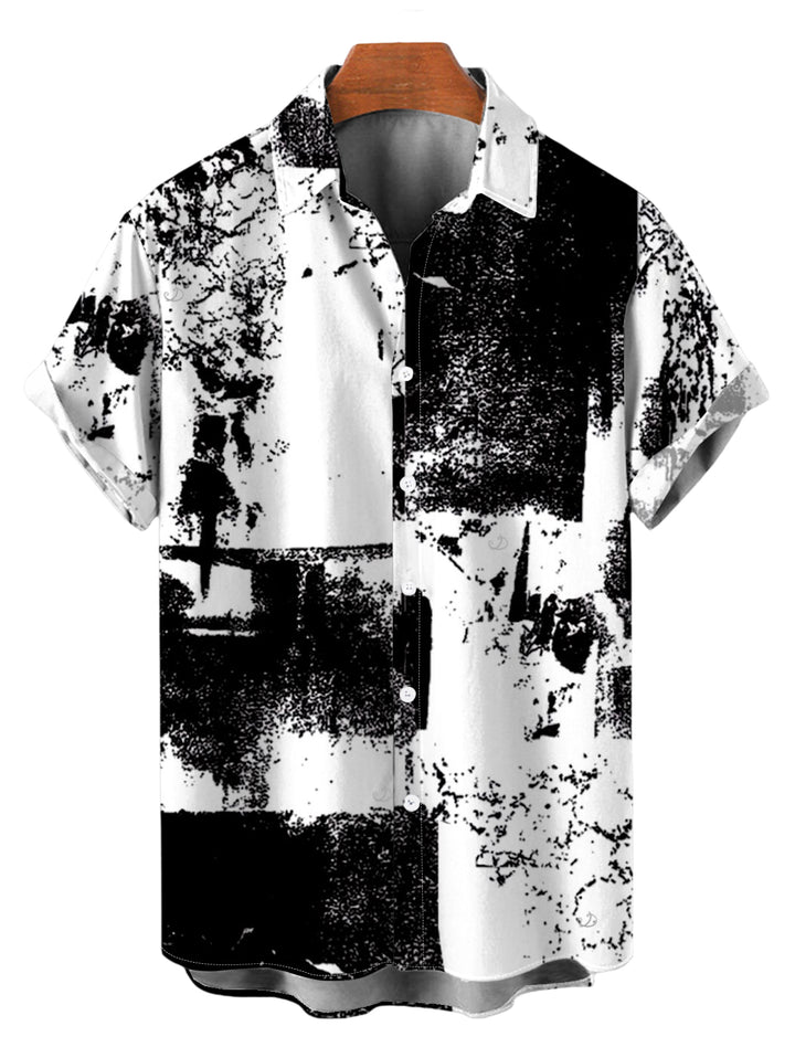 Men's Monochrome Distressed Ink Geometric Print Button Up Vacation Shirt
