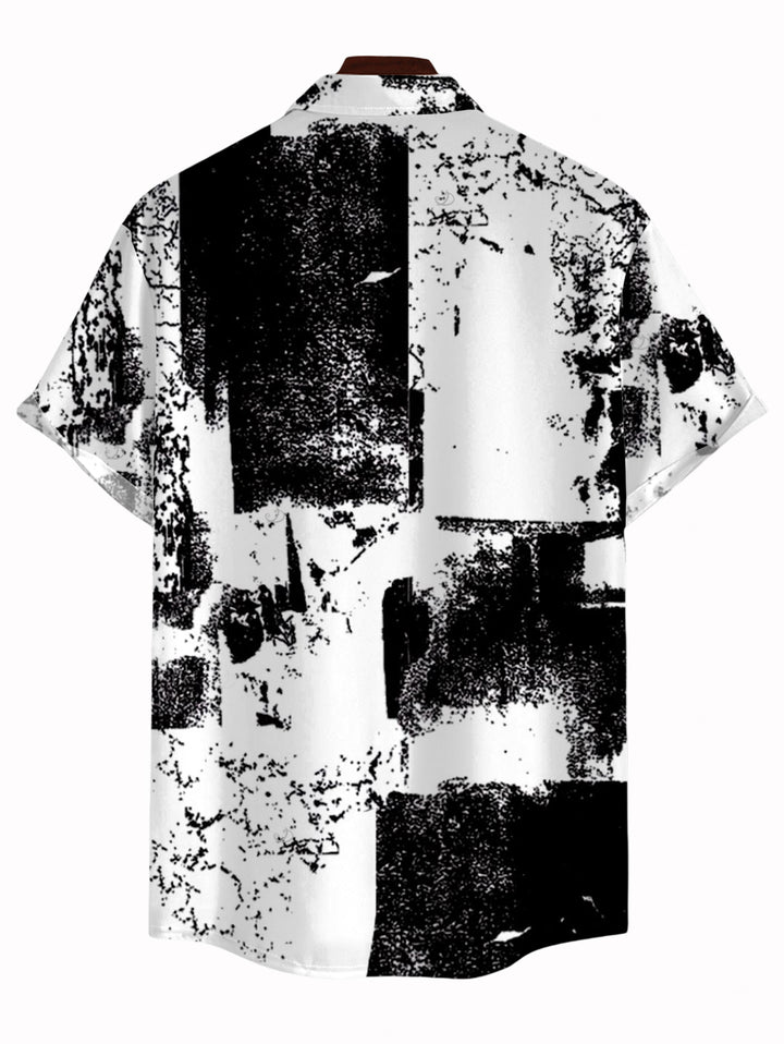 Men's Monochrome Distressed Ink Geometric Print Button Up Vacation Shirt