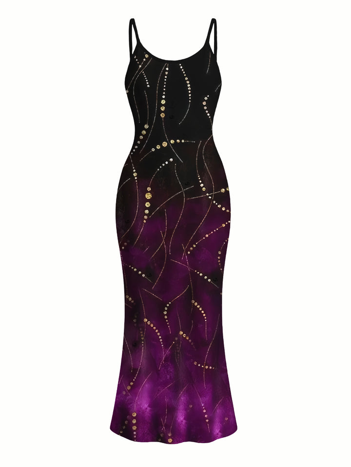 Ombre Rhinestone Curve Line Print Spaghetti Strap Bodycon Party Dress