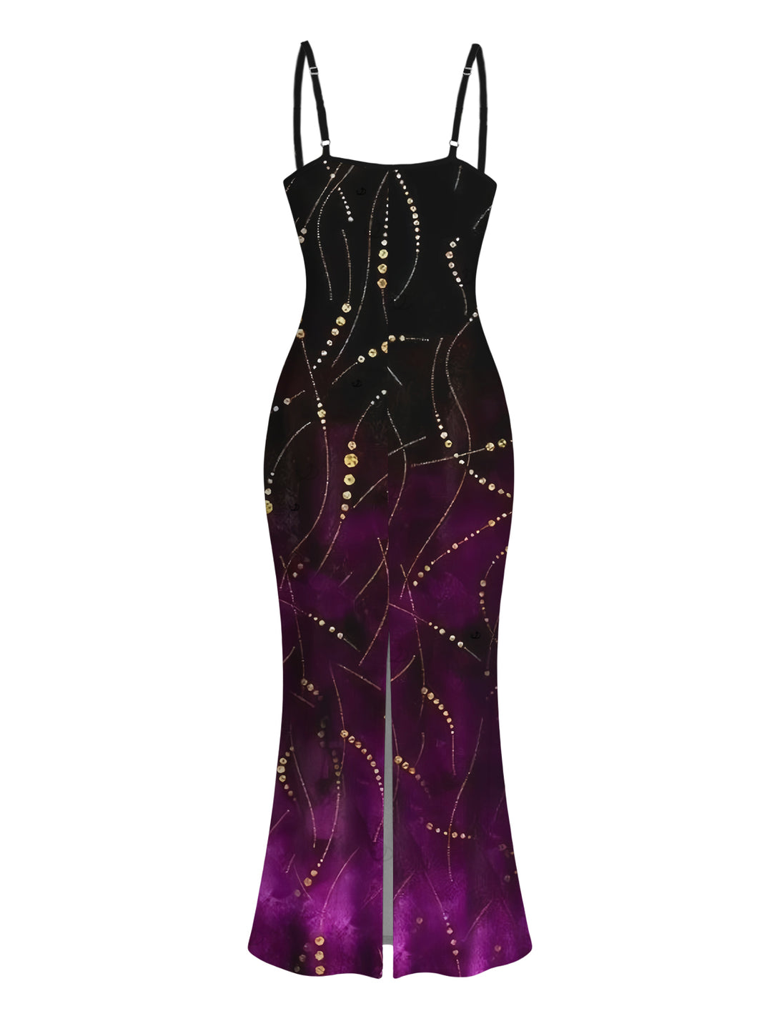 Ombre Rhinestone Curve Line Print Spaghetti Strap Bodycon Party Dress