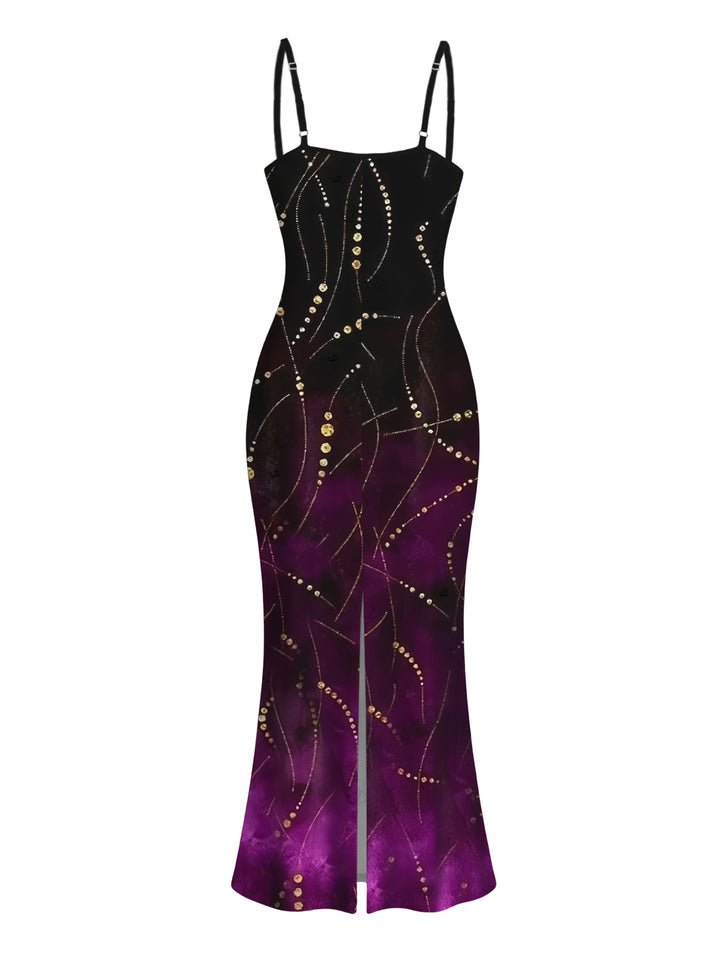 Ombre Rhinestone Curve Line Print Spaghetti Strap Bodycon Party Dress