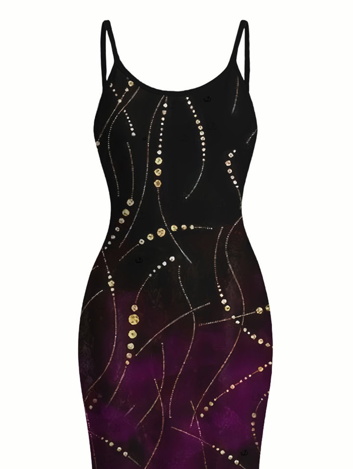 Ombre Rhinestone Curve Line Print Spaghetti Strap Bodycon Party Dress