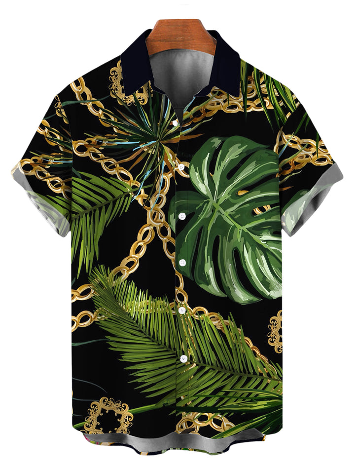 Men's Golden Chain Monstera Leaf Print Button Up Beach Vacation Shirt
