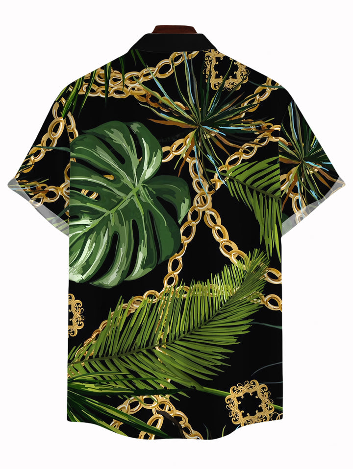 Men's Golden Chain Monstera Leaf Print Button Up Beach Vacation Shirt