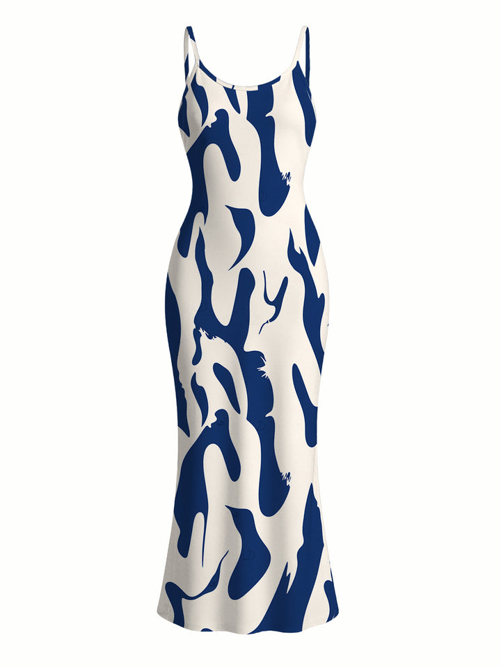 Contrast Color Ink Wash Irregular Brush Stroke Print Spaghetti Strap Bodycon Vacation Dress