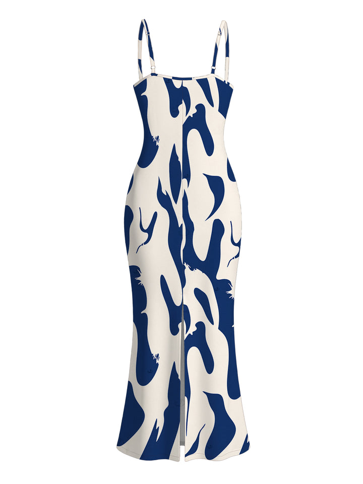 Contrast Color Ink Wash Irregular Brush Stroke Print Spaghetti Strap Bodycon Vacation Dress