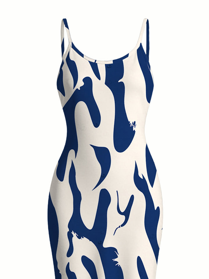 Contrast Color Ink Wash Irregular Brush Stroke Print Spaghetti Strap Bodycon Vacation Dress