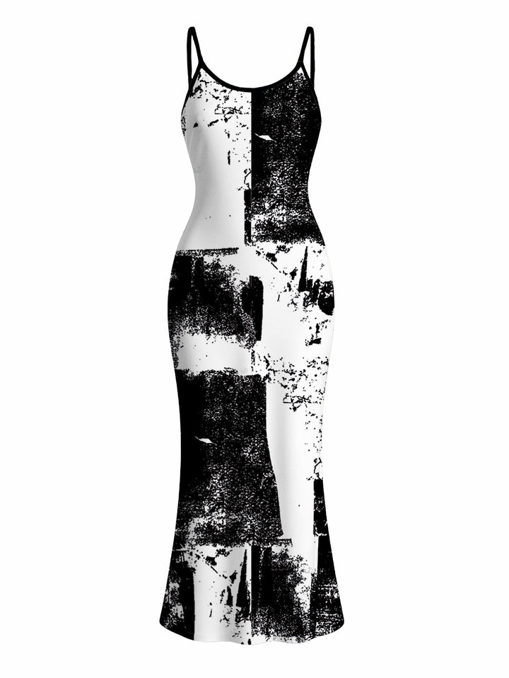 Monochrome Distressed Ink Geometric Print Spaghetti Strap Bodycon Vacation Dress