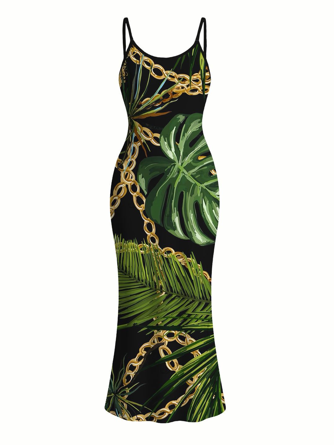 Golden Chain Monstera Leaf Print Spaghetti Strap Bodycon Maxi Beach Vacation Dress