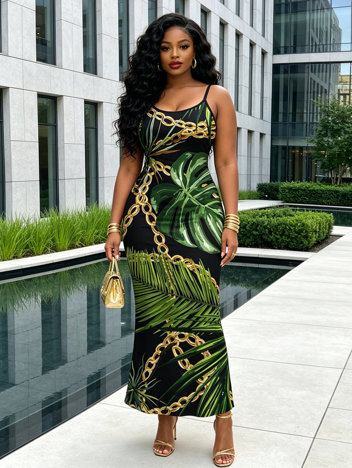 Golden Chain Monstera Leaf Print Spaghetti Strap Bodycon Maxi Beach Vacation Dress