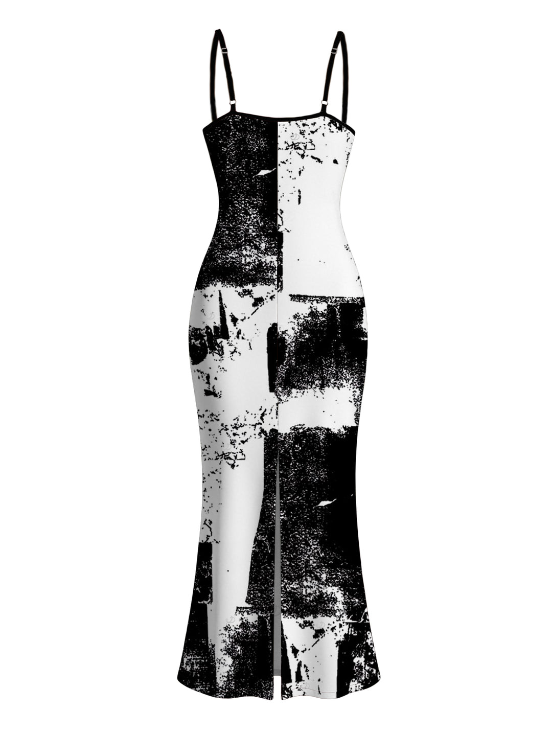 Monochrome Distressed Ink Geometric Print Spaghetti Strap Bodycon Vacation Dress