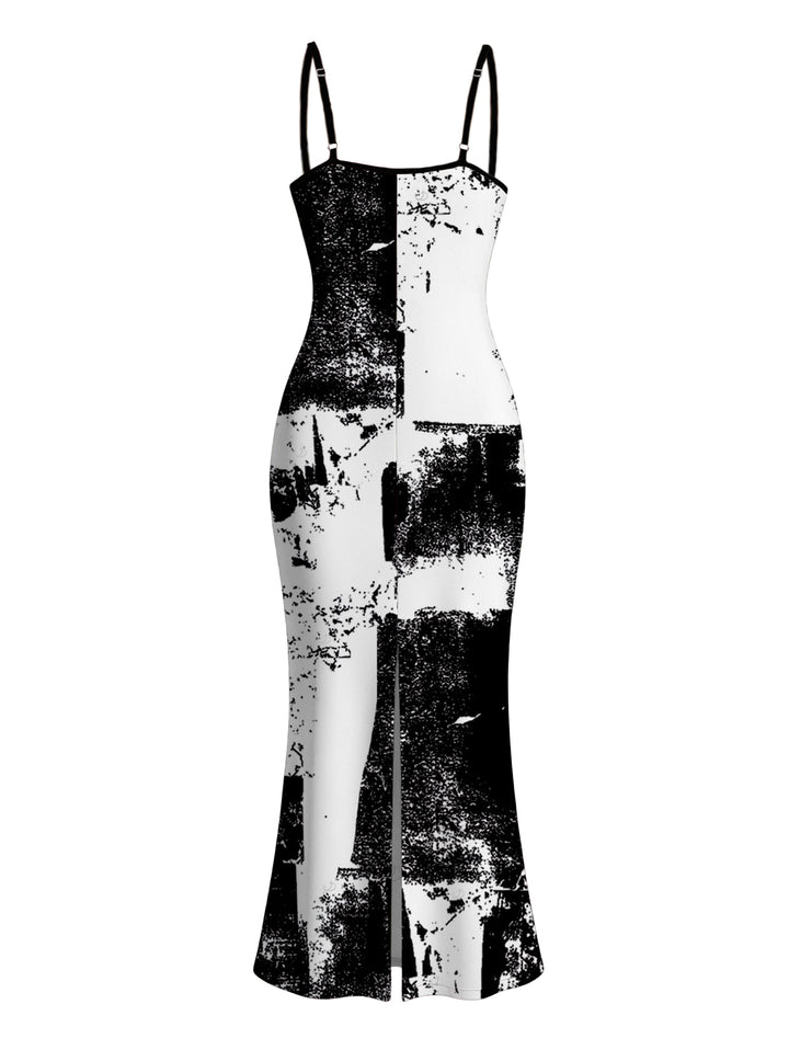 Monochrome Distressed Ink Geometric Print Spaghetti Strap Bodycon Vacation Dress