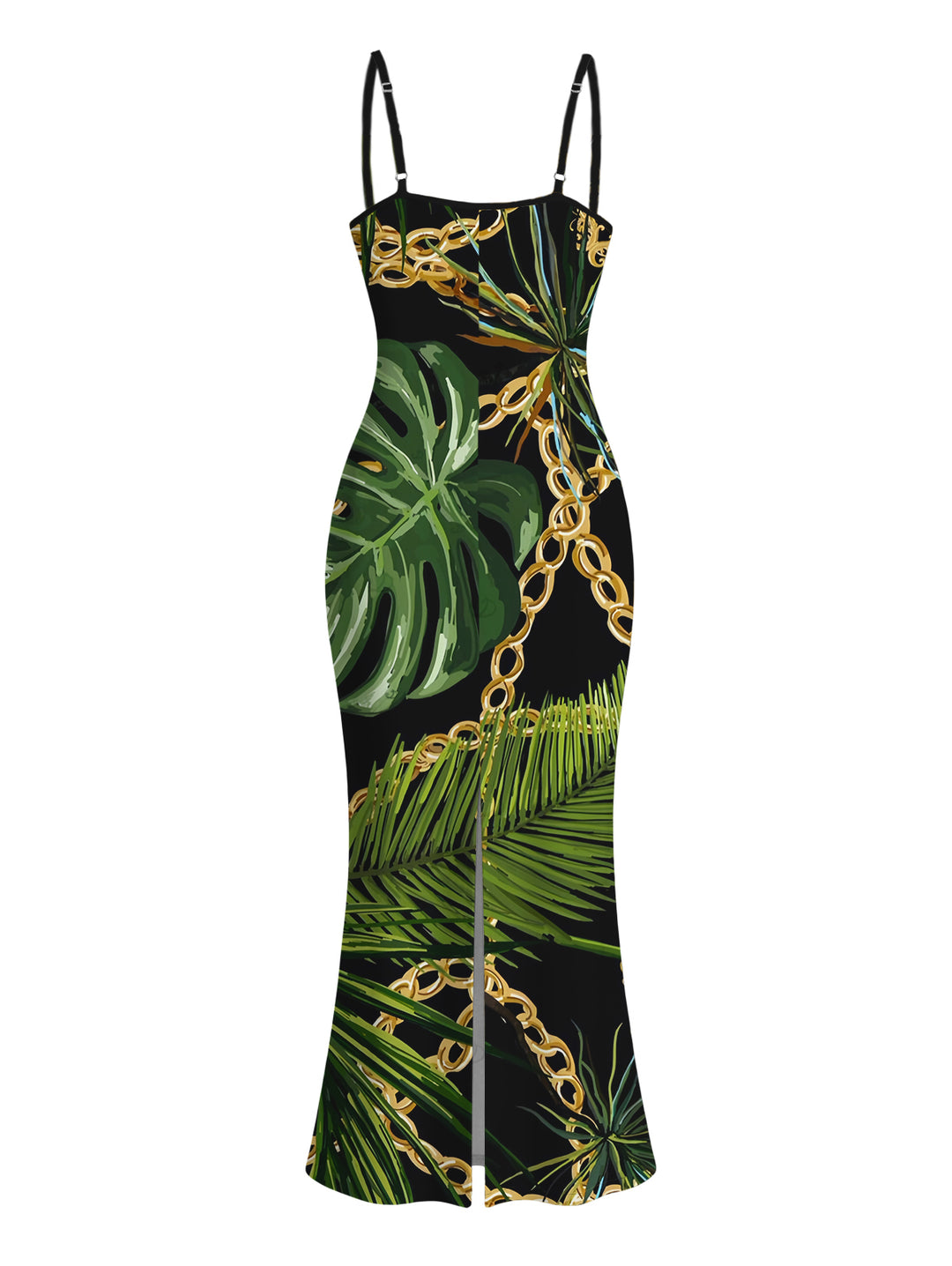 Golden Chain Monstera Leaf Print Spaghetti Strap Bodycon Maxi Beach Vacation Dress