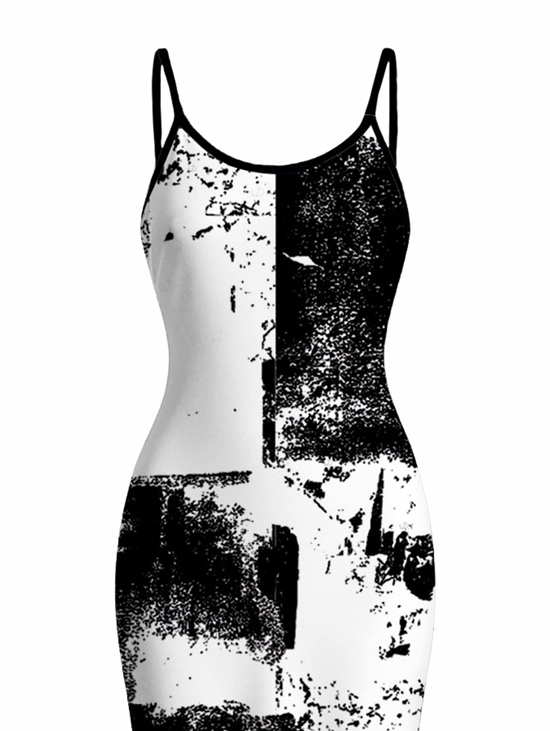 Monochrome Distressed Ink Geometric Print Spaghetti Strap Bodycon Vacation Dress