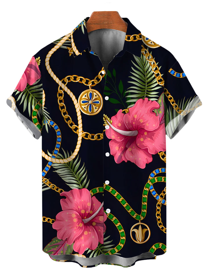 Men's Gold Chain Tropical Hibiscus Floral Palm Leaf Print Button Up Vacation Shirt