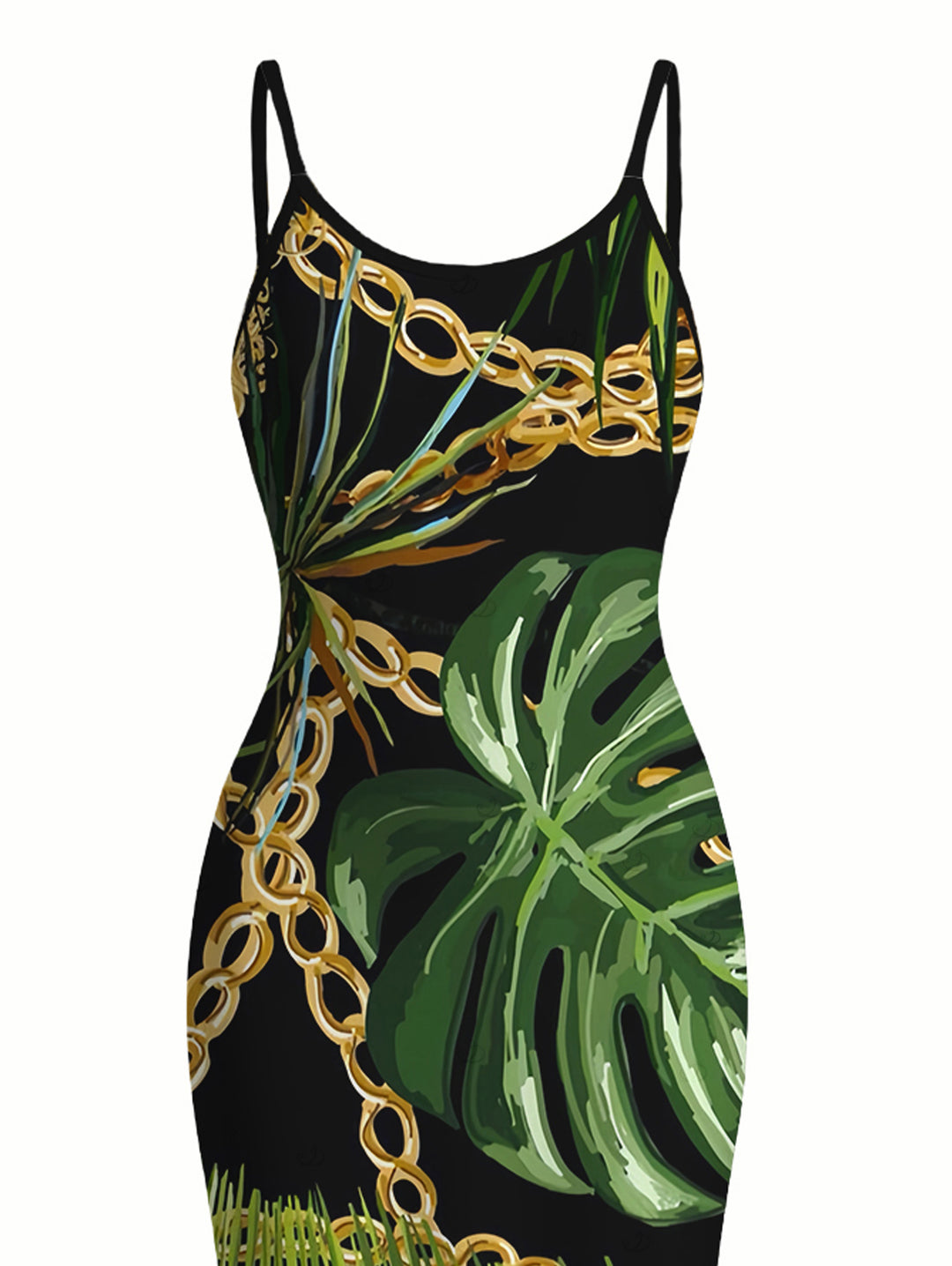 Golden Chain Monstera Leaf Print Spaghetti Strap Bodycon Maxi Beach Vacation Dress