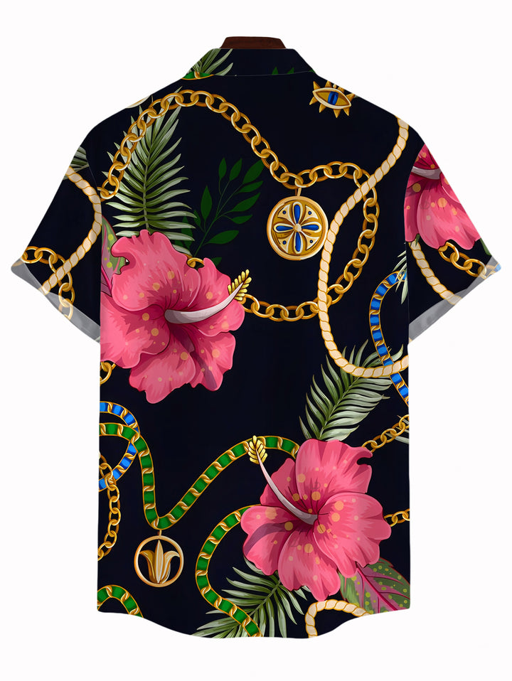 Men's Gold Chain Tropical Hibiscus Floral Palm Leaf Print Button Up Vacation Shirt