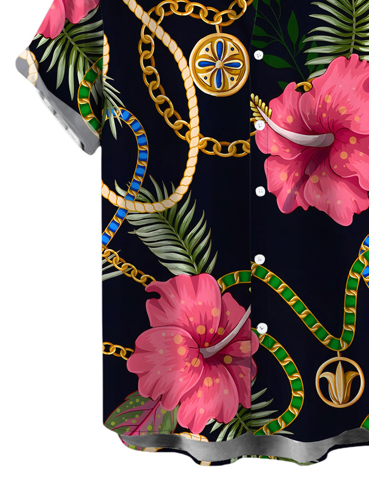 Men's Gold Chain Tropical Hibiscus Floral Palm Leaf Print Button Up Vacation Shirt