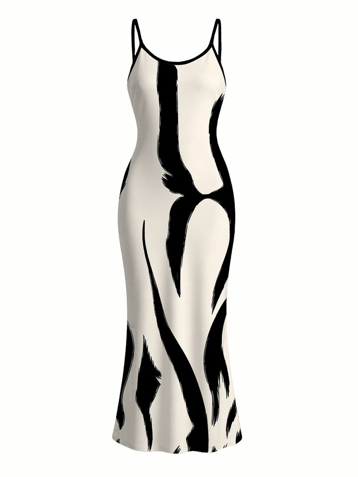 Contrast Color Ink Wash Irregular Brush Stroke Print Spaghetti Strap Bodycon Vacation Dress