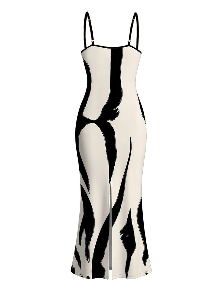 Contrast Color Ink Wash Irregular Brush Stroke Print Spaghetti Strap Bodycon Vacation Dress