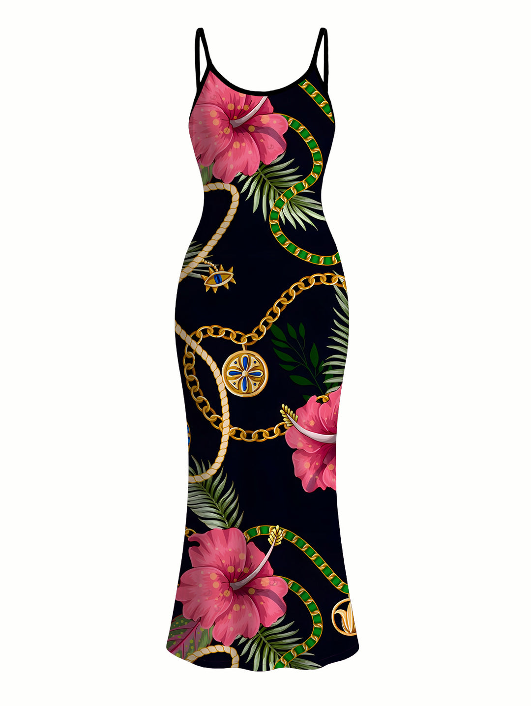 Gold Chain Tropical Hibiscus Floral Palm Leaf Print Spaghetti Strap Bodycon Vacation Dress