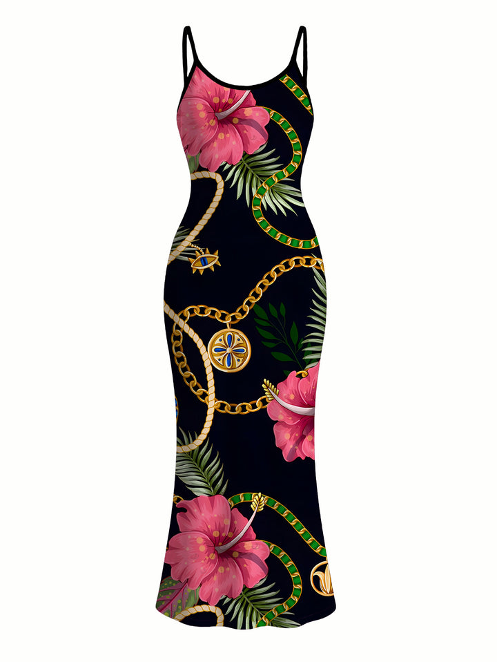 Gold Chain Tropical Hibiscus Floral Palm Leaf Print Spaghetti Strap Bodycon Vacation Dress