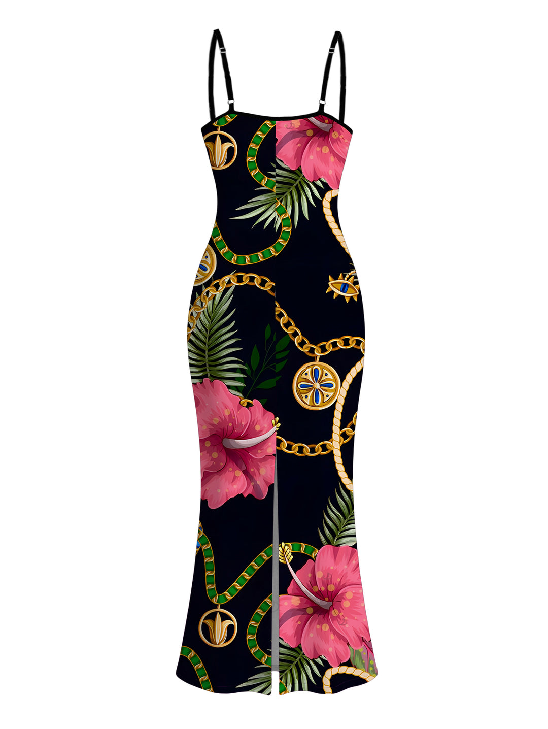 Gold Chain Tropical Hibiscus Floral Palm Leaf Print Spaghetti Strap Bodycon Vacation Dress