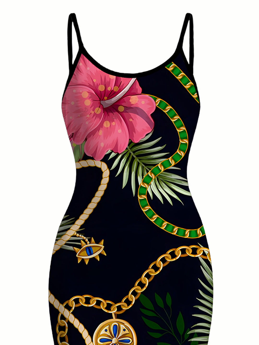 Gold Chain Tropical Hibiscus Floral Palm Leaf Print Spaghetti Strap Bodycon Vacation Dress