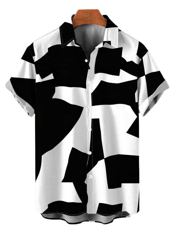 Men's Monochrome Irregular Geometric Print Button Up Casual Shirt