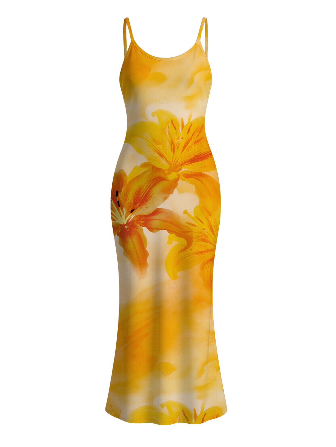 Tie Dye Lily Floral Print Spaghetti Strap Bodycon Hawaiian Vacation Dress