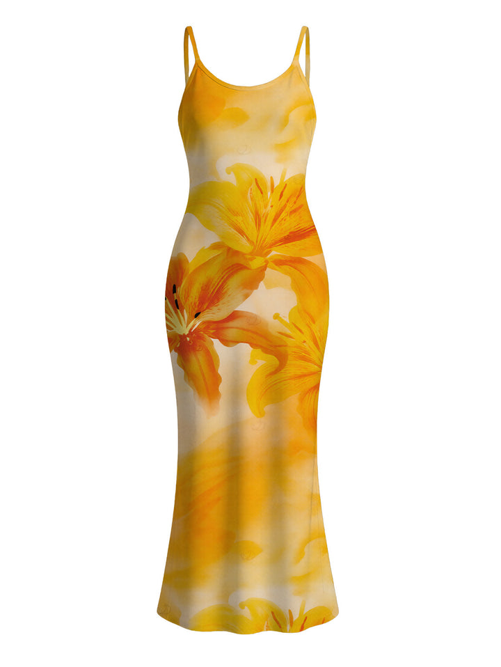 Tie Dye Lily Floral Print Spaghetti Strap Bodycon Hawaiian Vacation Dress