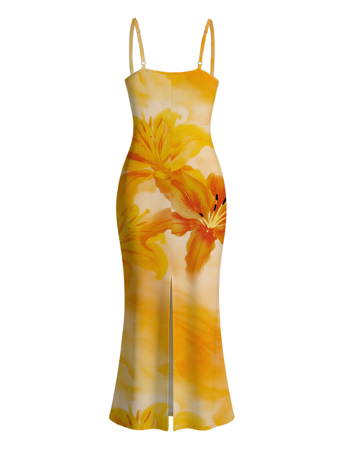 Tie Dye Lily Floral Print Spaghetti Strap Bodycon Hawaiian Vacation Dress