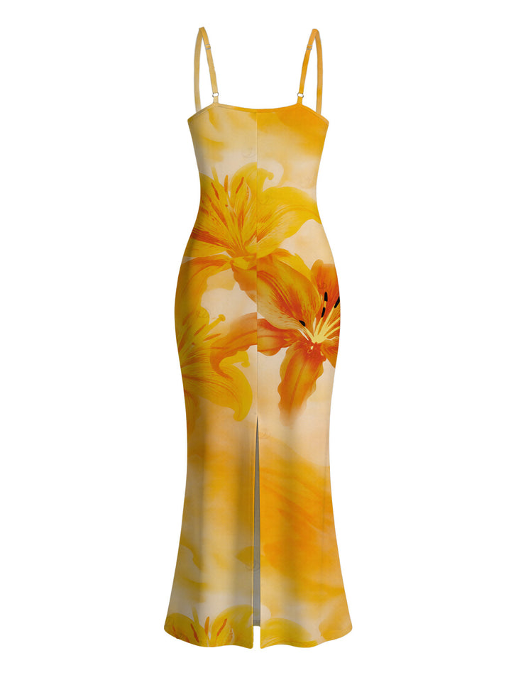 Tie Dye Lily Floral Print Spaghetti Strap Bodycon Hawaiian Vacation Dress
