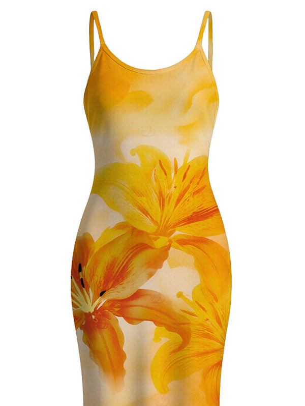 Tie Dye Lily Floral Print Spaghetti Strap Bodycon Hawaiian Vacation Dress