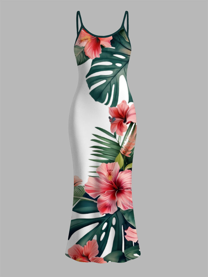 Tropical Hibiscus Floral Monstera Leaf Print Spaghetti Strap Bodycon Vacation Dress