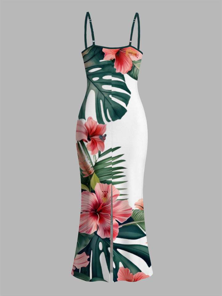 Tropical Hibiscus Floral Monstera Leaf Print Spaghetti Strap Bodycon Vacation Dress