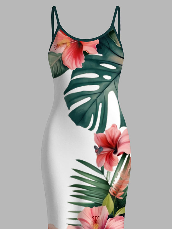 Tropical Hibiscus Floral Monstera Leaf Print Spaghetti Strap Bodycon Vacation Dress