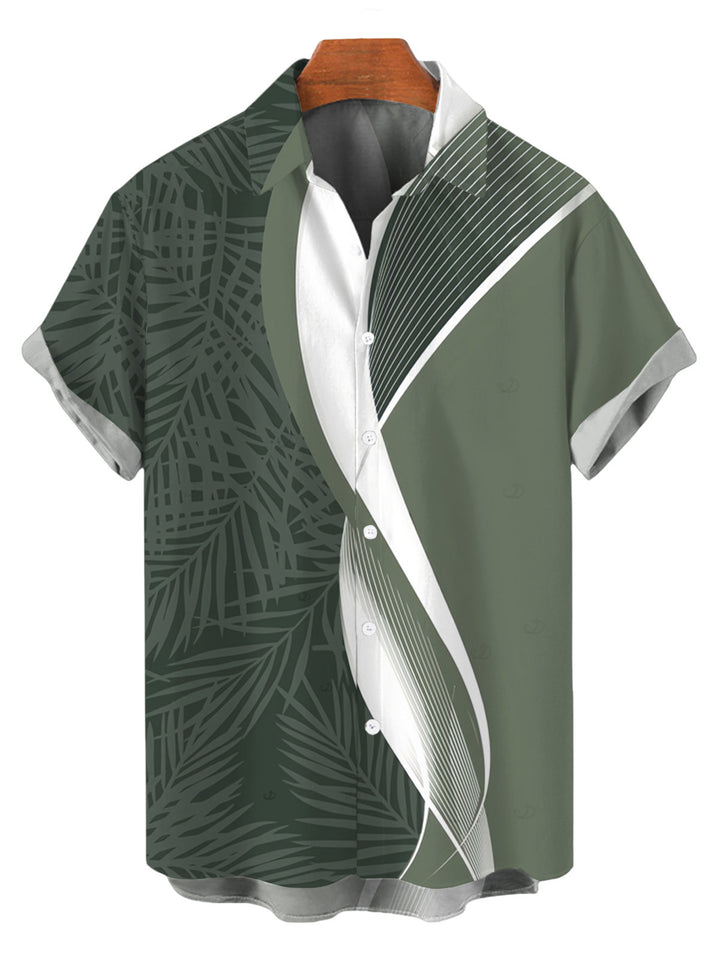 Men's Palm Leaf Abstract Curve Line Print Button Up Hawaiian Vacation Shirt