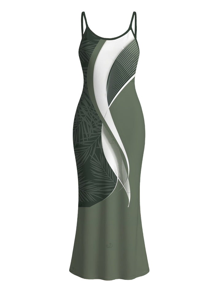 Palm Leaf Abstract Curve Line Print Spaghetti Strap Bodycon Hawaiian Vacation Dress