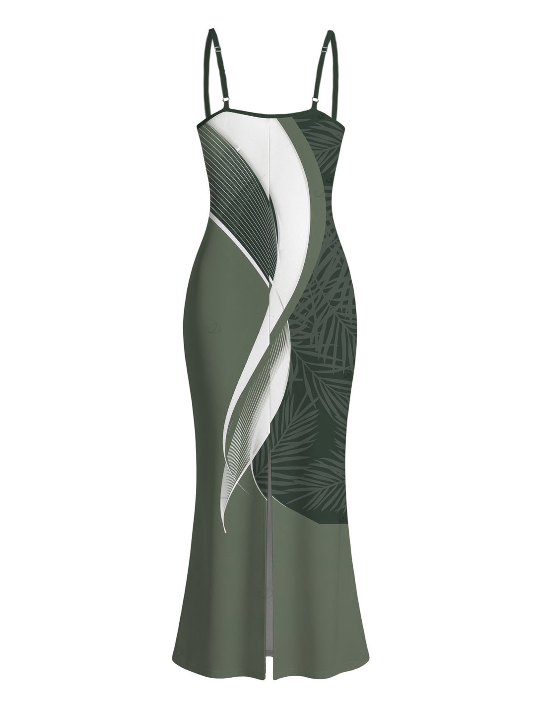 Palm Leaf Abstract Curve Line Print Spaghetti Strap Bodycon Hawaiian Vacation Dress