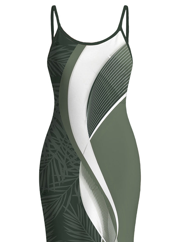 Palm Leaf Abstract Curve Line Print Spaghetti Strap Bodycon Hawaiian Vacation Dress