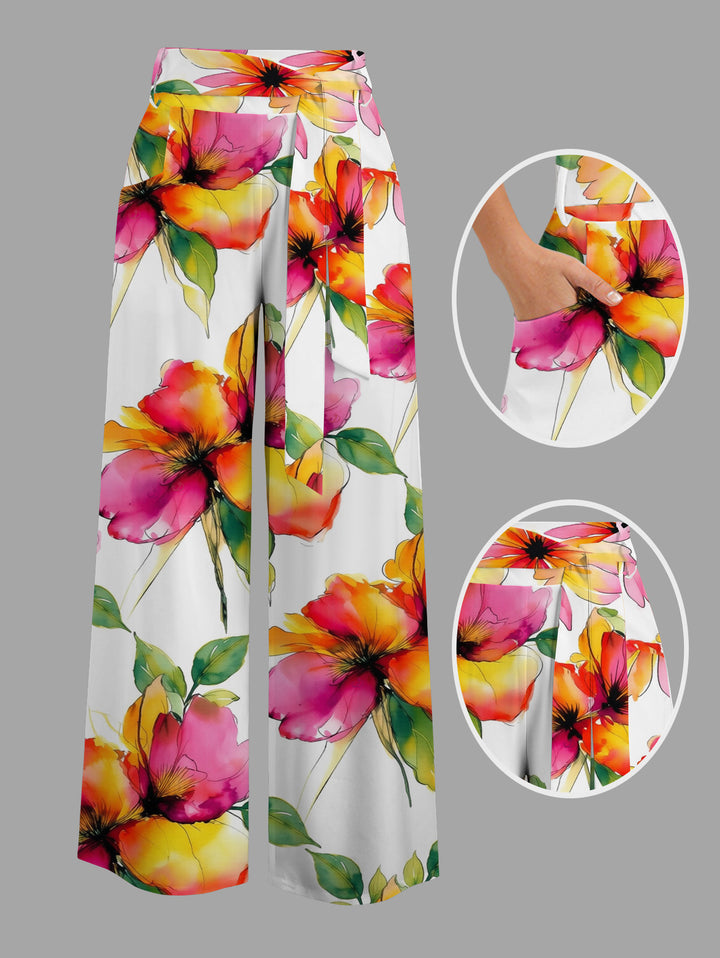Watercolor Floral Print Tied Pocket Wide Leg Vacation Pants