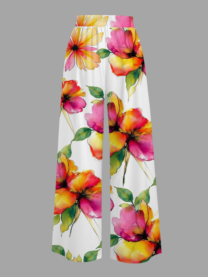 Watercolor Floral Print Tied Pocket Wide Leg Vacation Pants