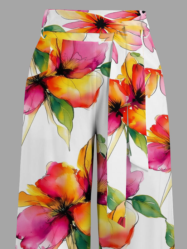 Watercolor Floral Print Tied Pocket Wide Leg Vacation Pants