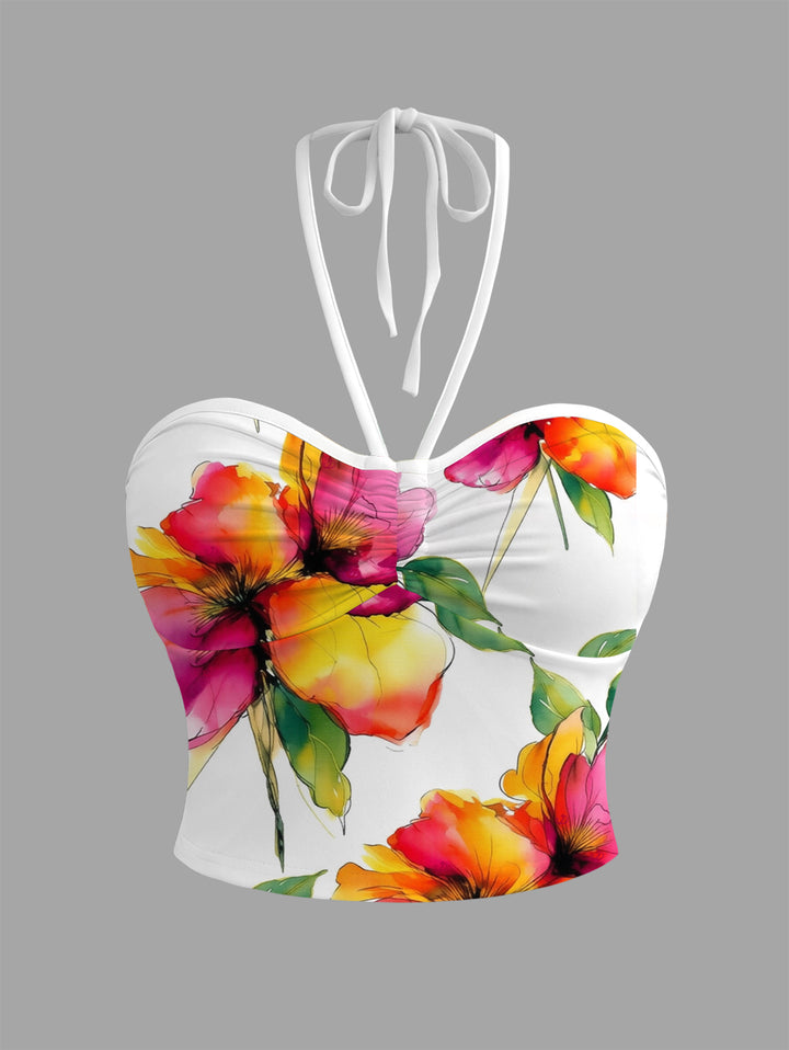 Watercolor Floral Print Cinched Vacation Cropped Halter Tank Top