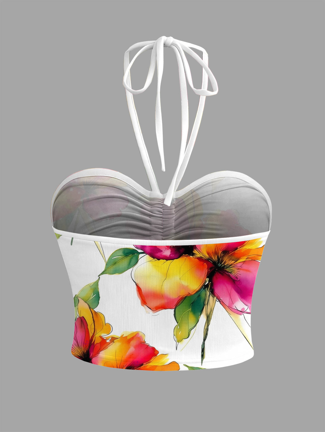 Watercolor Floral Print Cinched Vacation Cropped Halter Tank Top