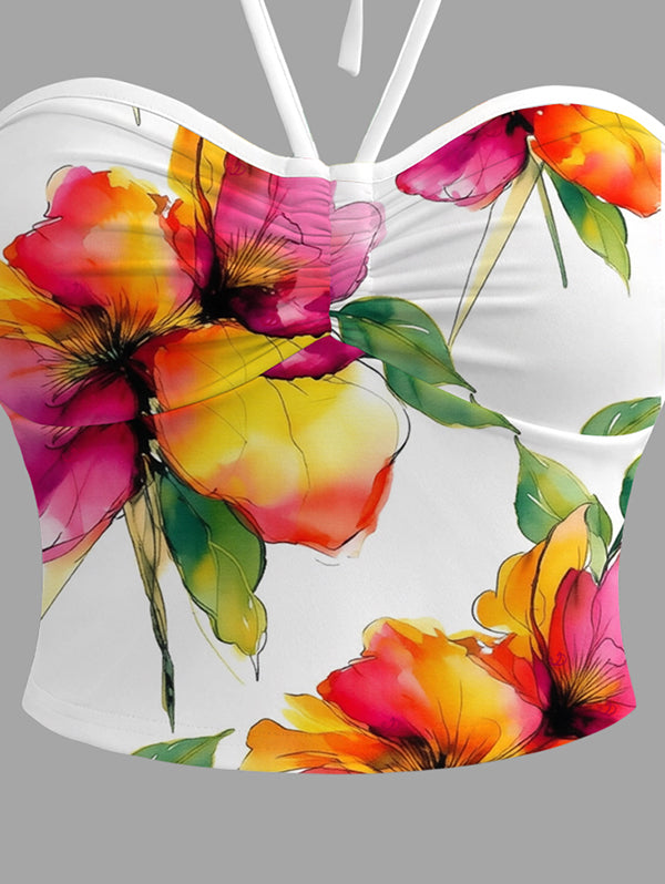 Watercolor Floral Print Cinched Vacation Cropped Halter Tank Top