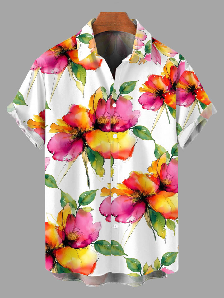 Men's Watercolor Floral Print Button Up Vacation Shirt